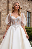 lvory A Line Half Sleeves Appliqued Long Wedding Dress