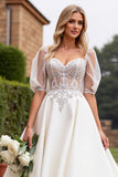 lvory A Line Half Sleeves Appliqued Long Wedding Dress