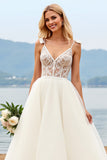 White Spaghetti Straps A-Line Laced Tulle Long Bridal Dress