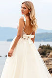 White Spaghetti Straps A-Line Laced Tulle Long Bridal Dress