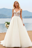 White Spaghetti Straps A-Line Laced Tulle Long Bridal Dress