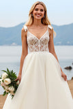 White Spaghetti Straps A-Line Laced Tulle Long Bridal Dress