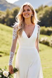 White Bodycon Deep V Neck Long Sleeves Satin Bridal Jumpsuit