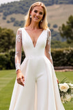 White Bodycon Deep V Neck Long Sleeves Satin Bridal Jumpsuit