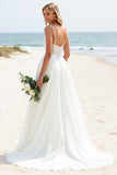 White A-Line Spaghetti Straps Long Bridal Dress With Sequins