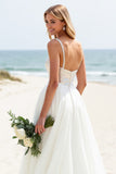 White A-Line Spaghetti Straps Long Bridal Dress With Sequins