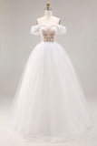 Ivory Off The Shoulder Embroidered Tulle Long Ball Gown Wedding Dress