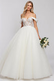 White Off The Shoulder A-Line Tulle Long Bridal Dress With Appliques