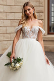 White Off The Shoulder A-Line Tulle Long Bridal Dress With Appliques