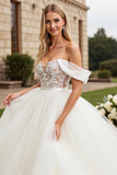 White Off The Shoulder A-Line Tulle Long Bridal Dress With Appliques