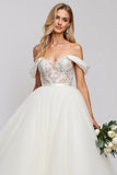 White Off The Shoulder A-Line Tulle Long Bridal Dress With Appliques