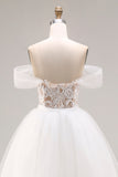 Ivory Off The Shoulder Embroidered Tulle Long Ball Gown Wedding Dress