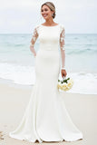 White Mermaid Long Sleeves Scoop Satin Bridal Dress With Lace