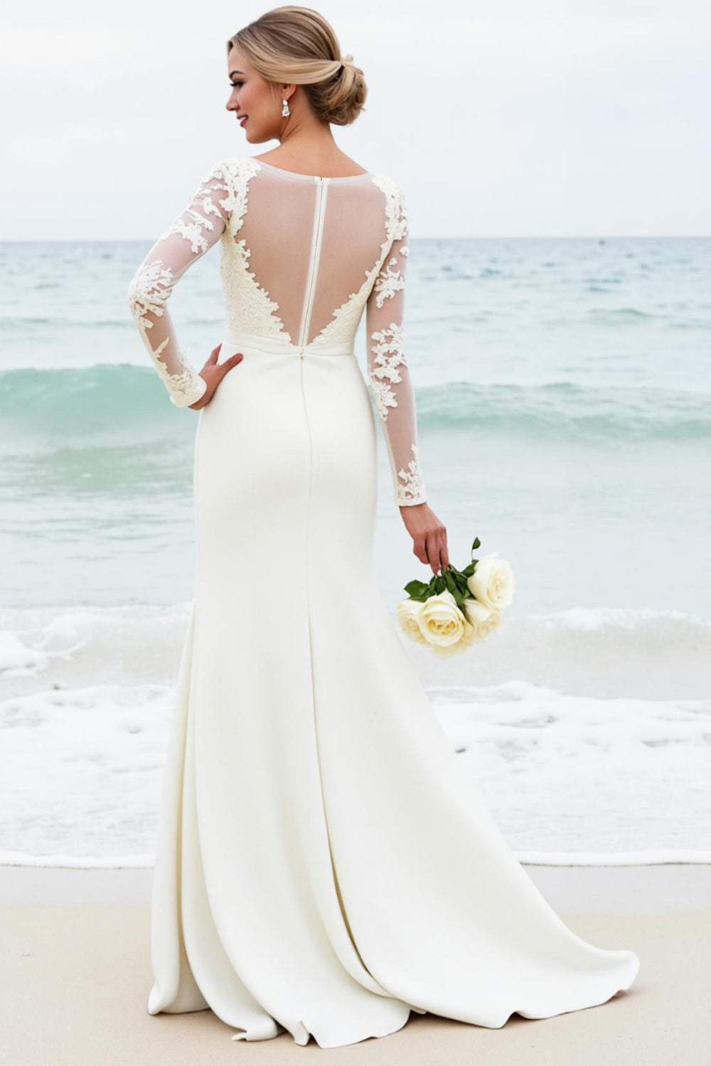 Zapaka Women White Long Bridal Dress Mermaid Scoop Long Sleeves Satin Wedding Dress with Appliques, Ivory / US2 Zapaka Women White Long Bridal Dress Mermaid Scoop Long Sleeves Satin Wedding Dress with Appliques, Ivory / US2