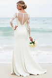 White Mermaid Long Sleeves Scoop Satin Bridal Dress With Lace