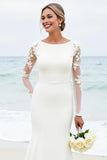 White Mermaid Long Sleeves Scoop Satin Bridal Dress With Lace