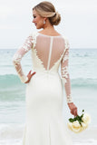 White Mermaid Long Sleeves Scoop Satin Bridal Dress With Lace