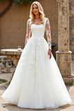 White A-Line Square Neck Long Sleeves Tulle Bridal Dress With Appliques