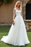 White A-Line Square Neck Long Sleeves Tulle Bridal Dress With Appliques