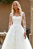 White A-Line Square Neck Long Sleeves Tulle Bridal Dress With Appliques