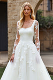 White A-Line Square Neck Long Sleeves Tulle Bridal Dress With Appliques