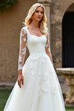 White A-Line Square Neck Long Sleeves Tulle Bridal Dress With Appliques