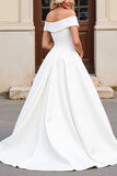 Ivory A-Line Off The Shoulder Satin Long Bridal Dress With Bows