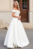 Ivory A-Line Off The Shoulder Satin Long Bridal Dress With Bows