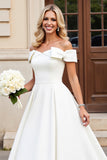 Ivory A-Line Off The Shoulder Satin Long Bridal Dress With Bows