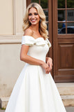 Ivory A-Line Off The Shoulder Satin Long Bridal Dress With Bows