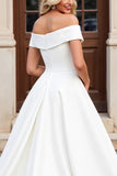 Ivory A-Line Off The Shoulder Satin Long Bridal Dress With Bows