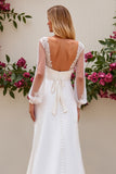 Ivory Mermaid V Neck Long Sleeves Satin Bridal Dress With Lace