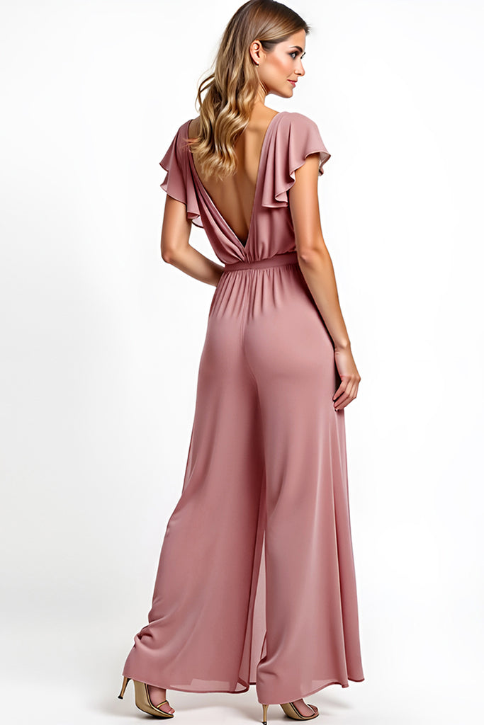 Zapaka Women Dusty Rose Jumpsuit V-neck Ruffled Chiffon Cap Sleeve Long 