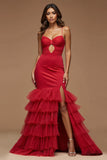 Dark Red Spaghetti Straps Cut Out Mermaid Satin Tulle Prom Dress