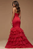 Dark Red Spaghetti Straps Cut Out Mermaid Satin Tulle Prom Dress