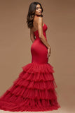 Dark Red Spaghetti Straps Cut Out Mermaid Satin Tulle Prom Dress