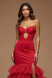 Dark Red Spaghetti Straps Cut Out Mermaid Satin Tulle Prom Dress