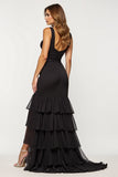 Black Mermaid V-Neck Tiered Satin Organza Prom Dress
