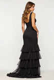 Black Mermaid V-Neck Tiered Satin Organza Prom Dress
