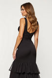 Black Mermaid V-Neck Tiered Satin Organza Prom Dress