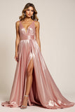 Dusty Rose A Line Deep V-Neck Pleated Metallic Satin Prom Dress