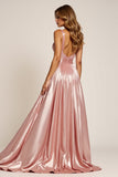 Dusty Rose A Line Deep V-Neck Pleated Metallic Satin Prom Dress