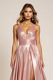 Dusty Rose A Line Deep V-Neck Pleated Metallic Satin Prom Dress