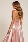 Dusty Rose A Line Deep V-Neck Pleated Metallic Satin Prom Dress