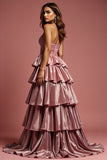 Glitter Dusty Rose A Line Spaghetti Straps Ruffled Prom Dress