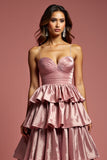 Glitter Dusty Rose A Line Spaghetti Straps Ruffled Prom Dress