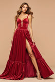 Dark Red A Line Cut Out Pleated Satin Prom Dress