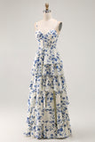 Blue Floral A Line Tiered Ruffled Long  Prom Dress with Slit