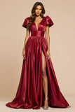 Dark Red A Line V-Neck Pleated Prom Dress with Short Sleeves