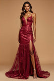 Dark Red Mermaid Deep V-Neck Lace Prom Dress